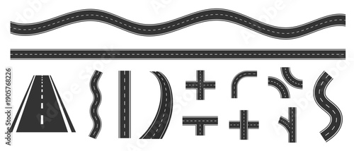 Top view road markings set. Highway lanes and race tracks set. Seamless straight street road pack. Town or city pavement asphalt repeated pattern. Vertical roadway drive stripes bundle. Vector