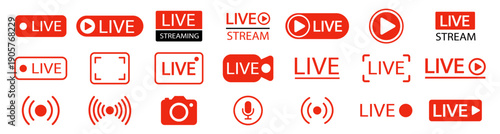 Live streaming icon set button, banner, label, sticker, stamp. Live broadcasting buttons and symbols. Video online stream icons. Live stream logo. Watch live stream. Social media. Vector illustration.