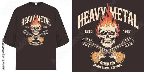 heavy metal estd 1987 spirit burns eternal flaming skull with guitars vintage retro streetwear typography graphic t shirt design vector illustration artwork