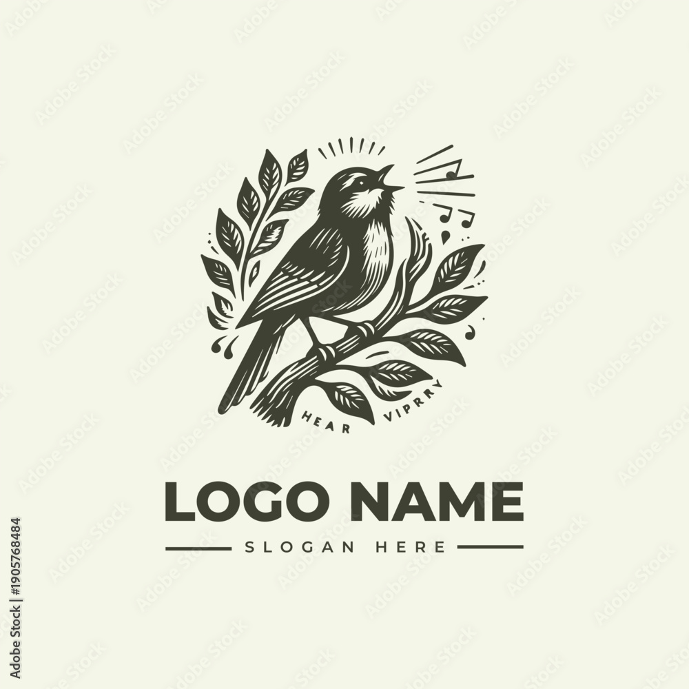 Obraz premium A vintage-style woodcut illustration of a bird perched on a branch with leaves and musical notes, forming a logo design with a placeholder name and slogan in a classic engraving style.