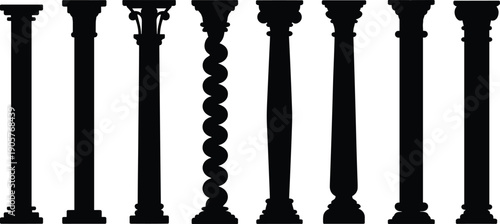 Classic architectural column silhouettes collection, black Greek and Roman pillar designs isolated on white background vector illustration set