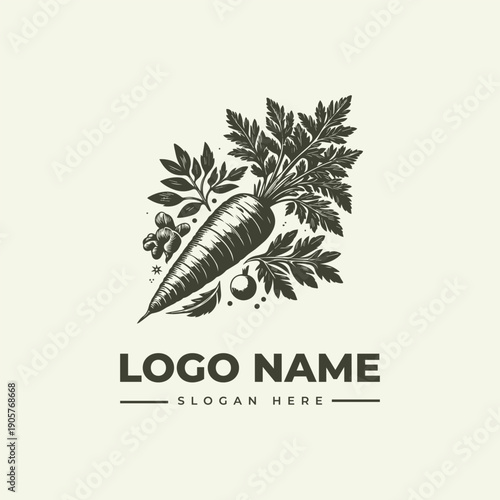 A vintage-style woodcut illustration of a carrot with leaves and roots on a cream background, featuring a logo and slogan placeholder in a classic engraving style.