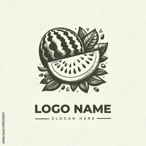 A vintage-style woodcut illustration of a watermelon with leaves and slices, featuring a logo name and slogan on a beige background.