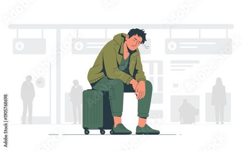 A tired traveler sits at an airport with a suitcase, looking exhausted and stressed.