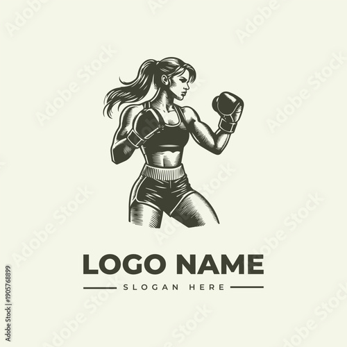 A dynamic illustration of a female boxer in a fighting stance, wearing a sports bra and shorts, with a placeholder logo name and slogan on a clean background, in a vintage engraving style.