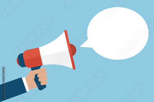 Hand holding megaphone with speech bubble on blue background for communication and announcement