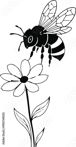 Minimal black and white line art of a bee hovering over a flower, symbolizing productivity and contribution, flat vector style 1