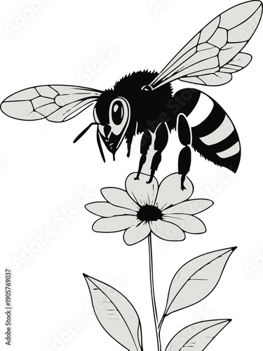  Minimal black and white line art of a bee hovering over a flower, symbolizing productivity and contribution, flat vector style