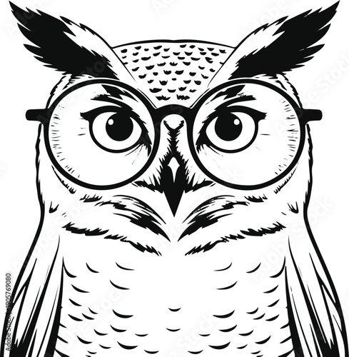 Minimal black and white vector line art of an owl wearing glasses and looking forward attentively, symbolizing focus and concentration, clean monoline stroke, flat icon design 1