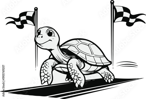  Vector line illustration of a turtle slowly crossing a finish line, patience and long-term success concept, clean outline, white background 1