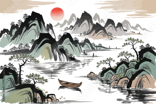 Mountain landscape vector illustration with serene lake and sunset