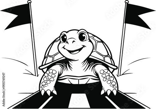  Vector line illustration of a turtle slowly crossing a finish line, patience and long-term success concept, clean outline, white background