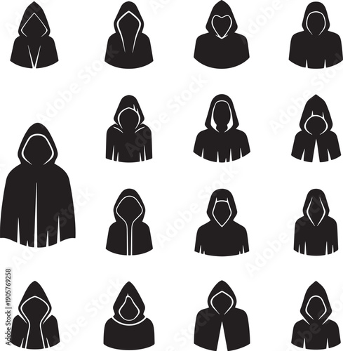 Hoodie silhouette vector set. different cloak and hood designs transparent