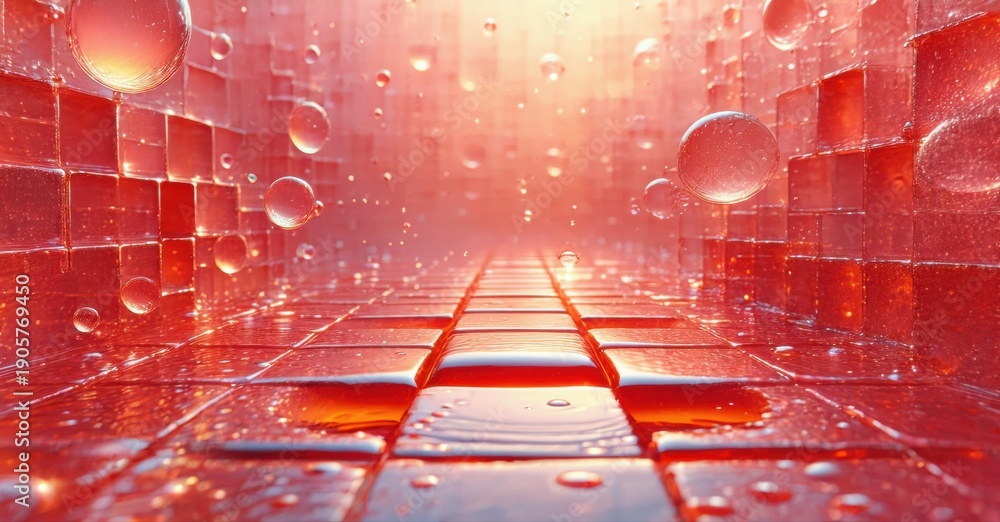 Fototapeta premium Red cubic structure extends into distance. Bubbles float within glossy walls, creating surreal perspective. Light emanates from center.