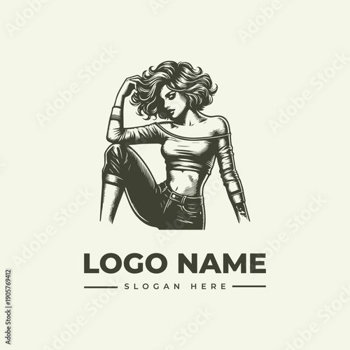 Black and white vintage engraving of a woman in a dynamic pose with a logo name and slogan on a clean background.