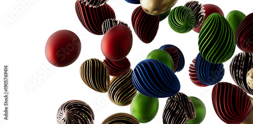 Unique, abstract composition of colorful egg-shaped objects floating against a clean white background. Perfect for creat