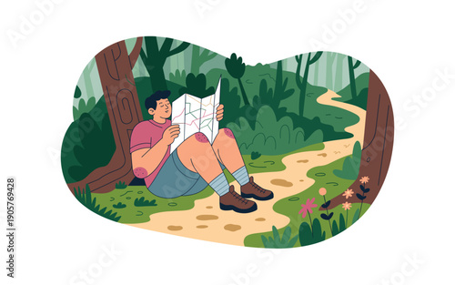 A man sits on a forest path studying a map for navigation and adventure.