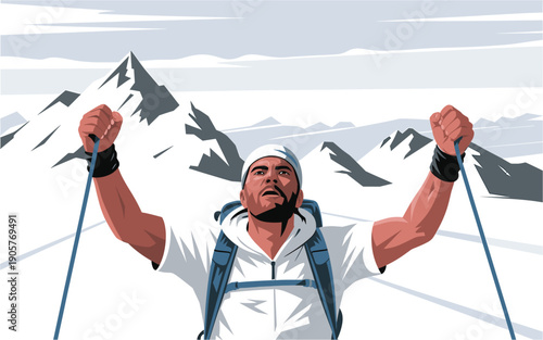 A triumphant hiker stands victorious in the snowy mountains with his arms raised