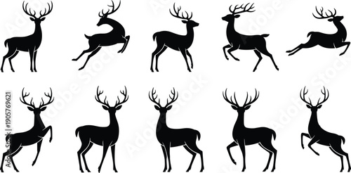 Deer silhouettes collection set, black stag and buck poses isolated on white background, wildlife animal vector illustration