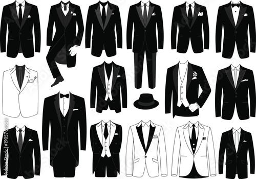 Collection of elegant black and white tuxedo suits, formal menswear set with bow ties, vests, jackets and accessories isolated vector illustration