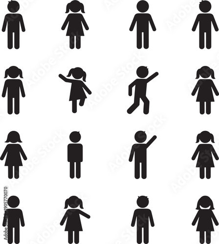 Children silhouette set. various kids and people icons on transparent background