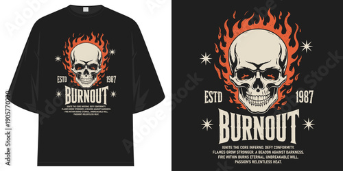skull on fire graphic t-shirt design illustration "burn estd 1987" retro streetwear apparel artwork t shirt design vector illustration artwork