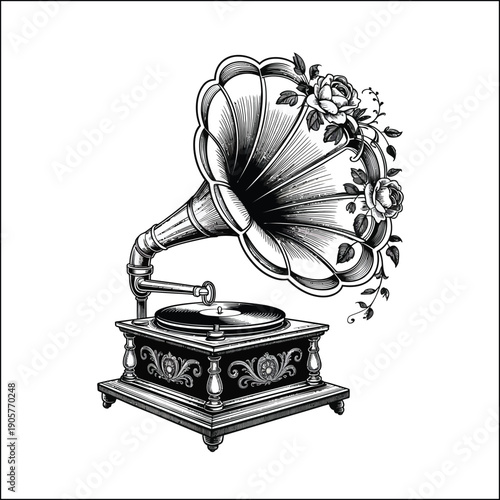 Vintage gramophone with floral design on horn