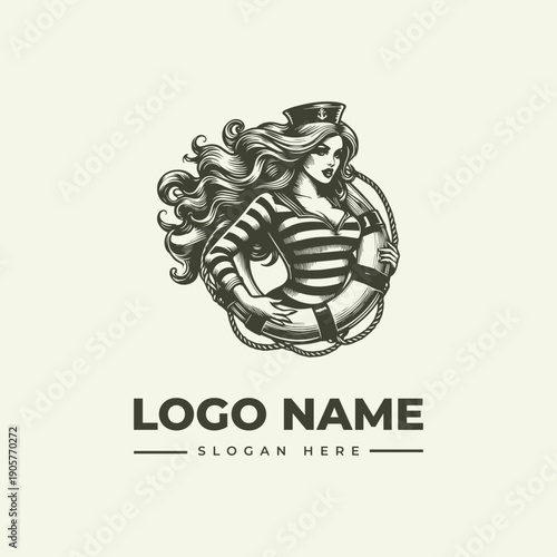 A vintage engraving-style logo featuring a woman in a striped shirt and captain's hat, surrounded by a rope, with a placeholder for a logo name and slogan on a clean white background.