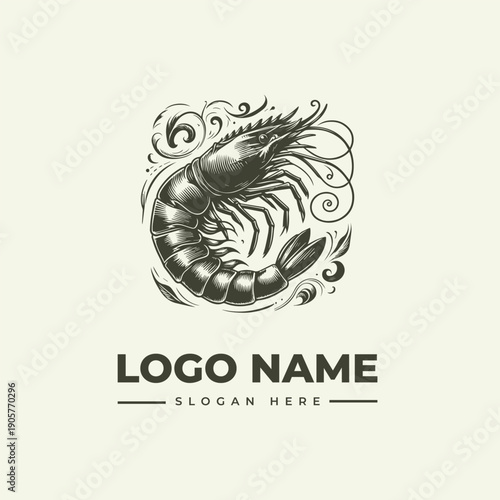 A vintage-style woodcut illustration of a shrimp surrounded by swirling floral patterns, with a logo name and slogan placeholder in a classic engraving aesthetic.