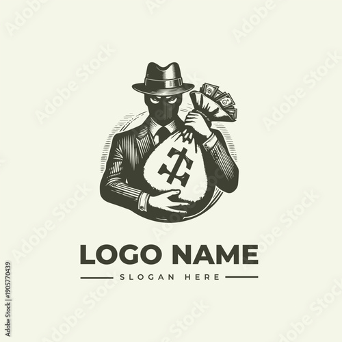A vintage-style woodcut illustration of a masked man in a suit and fedora holding a money bag with a dollar sign, against a clean white background, conveying a sense of mystery and finance.