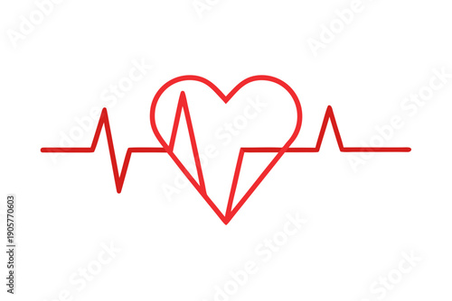 A red heart rate line vector graphic with a heartbeat rhythm symbol