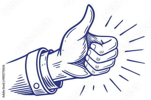 A blue vector graphic illustration of a hand giving a thumbs up with motion lines