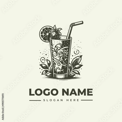 A vintage-style woodcut illustration of a refreshing cocktail glass with a straw, garnished with a slice of lemon and leaves, against a clean white background, conveying a classic and