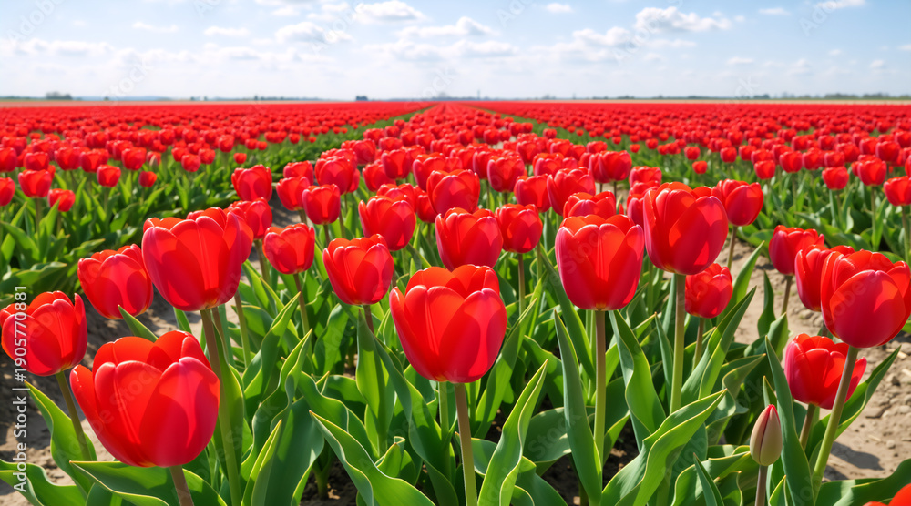 Fototapeta premium Vast field of red tulips in full bloom under a blue sky. Rows of spring flowers in a rural landscape. Agricultural floral background