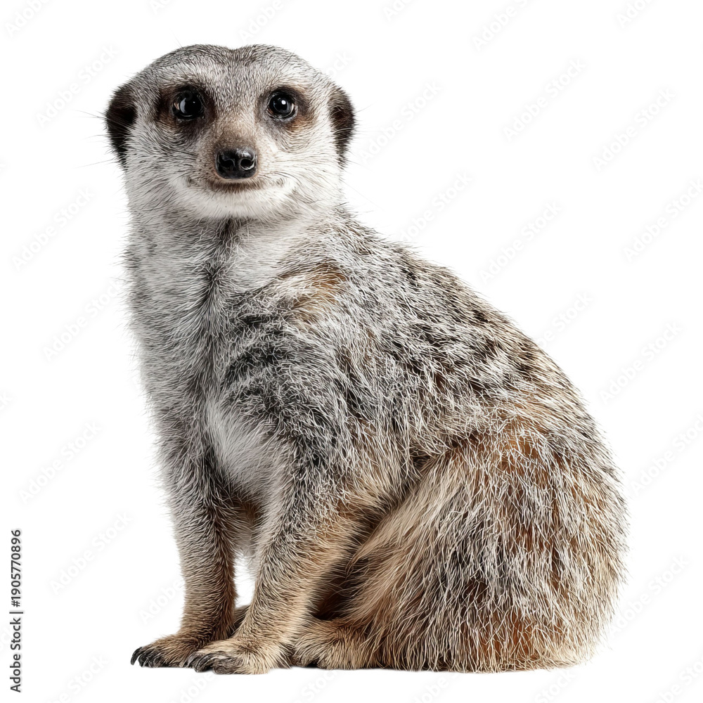 Fototapeta premium PNG of A curious meerkat sitting upright, showcasing its expressive eyes and fluffy fur.