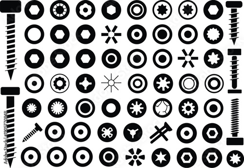 Screw and bolt head silhouettes collection, black hardware fastener drive types isolated on white background, industrial engineering vector icon set