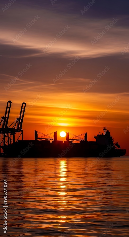 Obraz premium Large cargo vessel silhouette visible against a vibrant orange and purple sunset over rippling water.