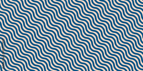 Simple vector seamless pattern with vertical wavy lines, bold stripes, liquid shapes. Navy blue and beige abstract ripple texture. Stylish waves background. Repeated design for decor, print, fabric