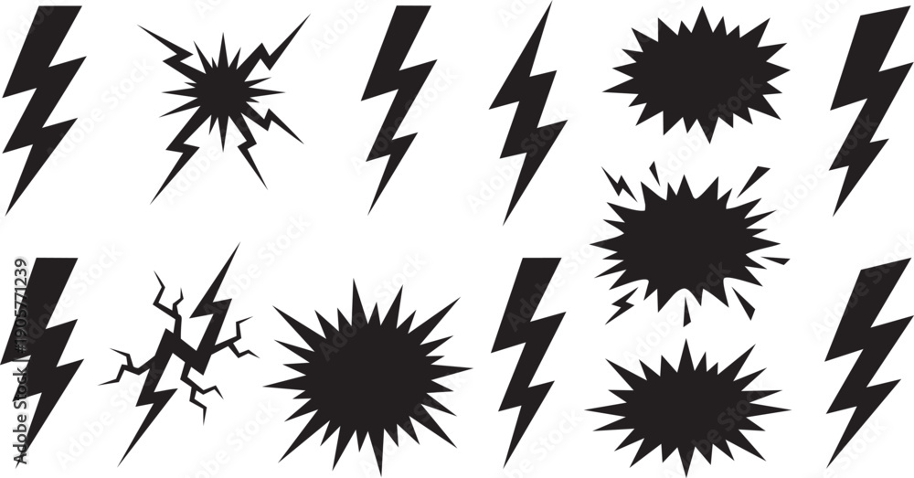 Naklejka premium Set of lightning bolt and electric thunder flash silhouettes. Vector thunderbolt strike, voltage shock icons, and comic impact shapes.