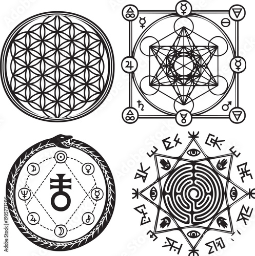 Set of sacred geometry and alchemy occult symbols. Vector illustration of Flower of Life, Metatron's Cube, Ouroboros snake, and mystic labyrinth.
