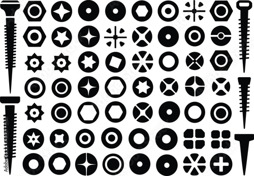 Screw head and bolt silhouettes collection, black hardware fastener icons set isolated on white background, industrial tool vector illustration