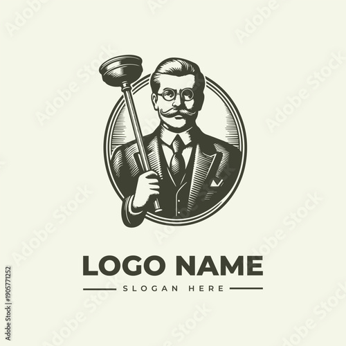 A vintage-style illustration of a well-dressed man holding a plunger in a circular frame with a placeholder logo name and slogan on a beige background.