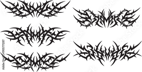 Set of Y2K cyber sigilism tribal tattoo designs. Vector gothic thorn and spike symmetrical patterns for streetwear logo and decal.