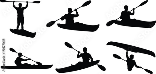 Black Silhouette Set of People Kayaking and Canoeing on Water Isolated on White Background for Outdoor Summer Adventure Sports Graphic Design and Illustration