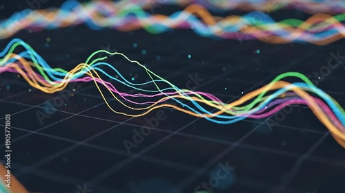 Abstract Data Visualization with Colorful Lines and Grid Background.