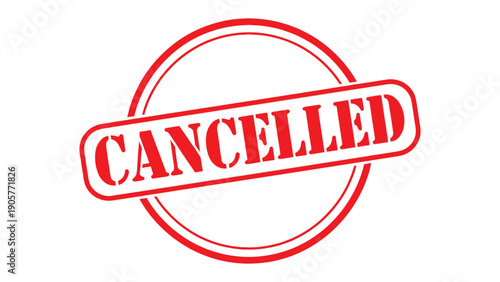 Canceled Stamp: A bold red CANCELLED stamp, boldly emblazoned on a plain backdrop, signifying a decisive rejection or discontinuation.