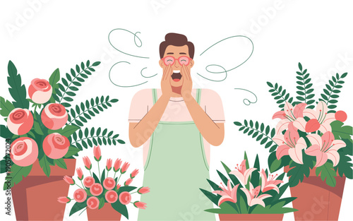A cartoon man in an apron surrounded by potted flowers sneezing dramatically