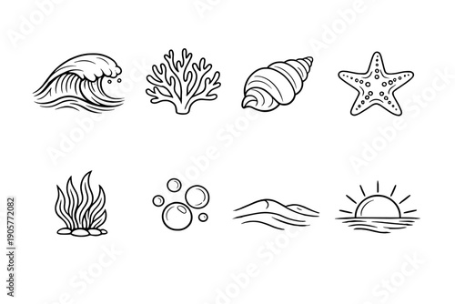 Ocean and Marine Life Icon Set. Containing wave, coral, shell, starfish, fire, bubbles, landscape, sunset and more.