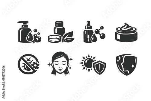 Beauty and skincare icon set. Containing lotion, serum, cream, oil, skincare, treatment, hygiene, protection, and more.