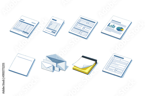 Document and office icon set. Including reports, spreadsheets, notes, letters, charts, files, envelopes, and more.